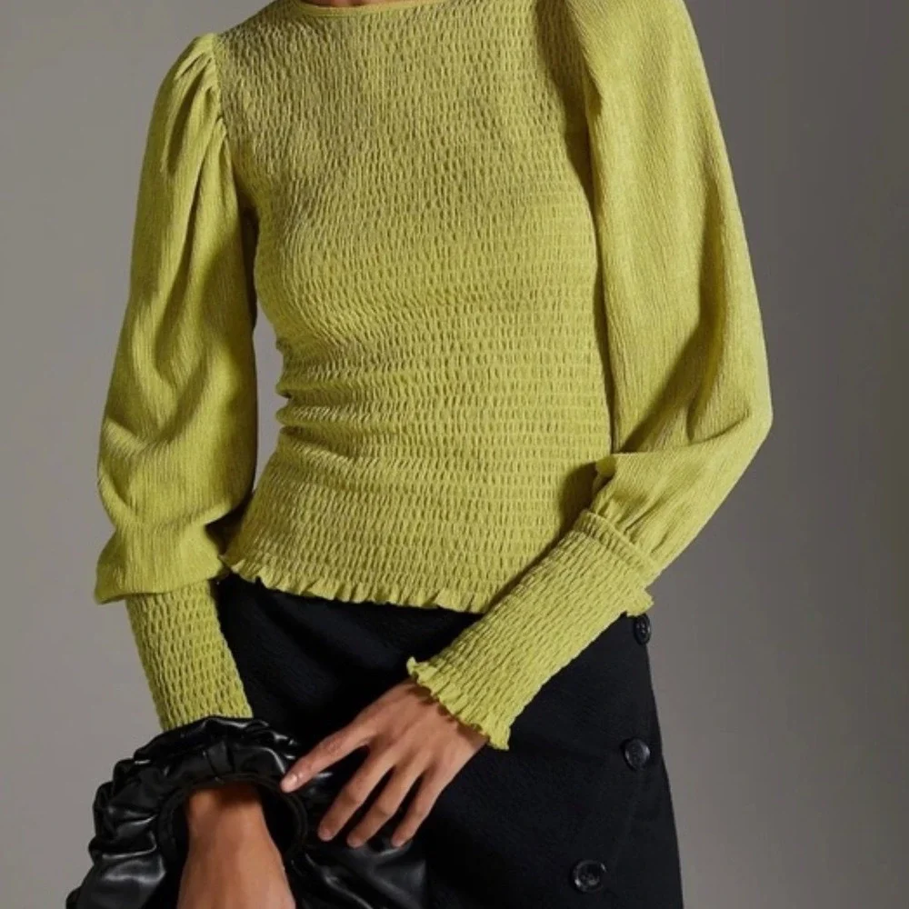 Anthropologie Smocked Puff Sleeve Top Lime Green Chartreuse Textured Blouse M
